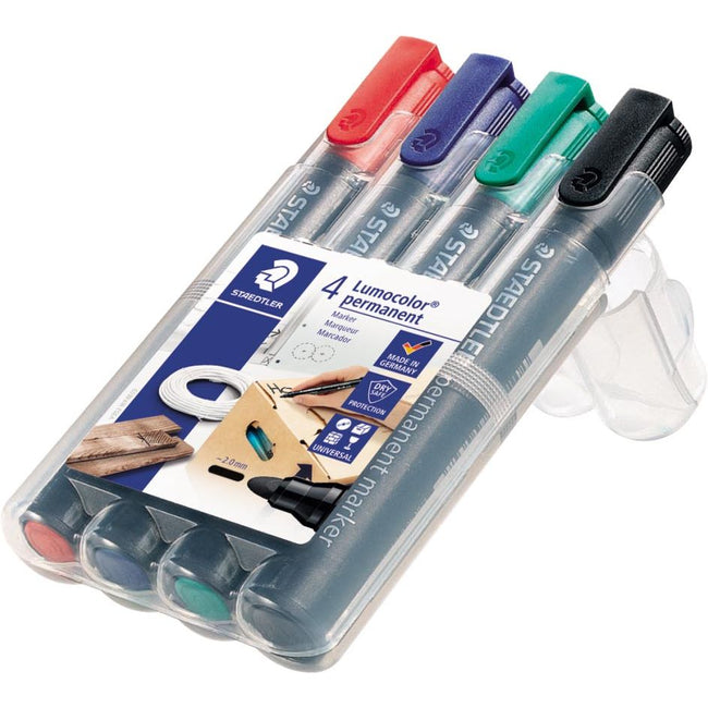 Staedtler -  Lumocolor 352, permanent marker, ronde punt, 2 mm, etui van 4 stuks in geassorteerde kleuren