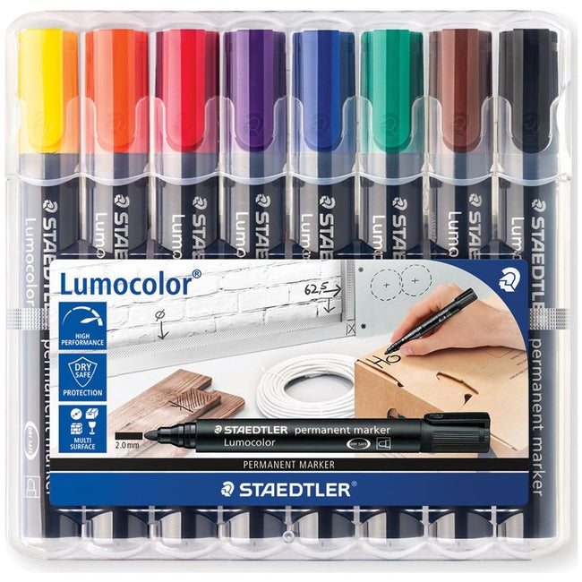 Staedtler - Lumocolor 352, permanent marker, ronde punt, 2 mm, etui van 8 stuks in geassorteerde kleuren