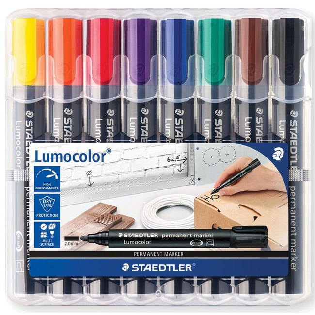 Staedtler -  Lumocolor 352, permanent marker, ronde punt, 2 mm, etui van 8 stuks in geassorteerde kleuren