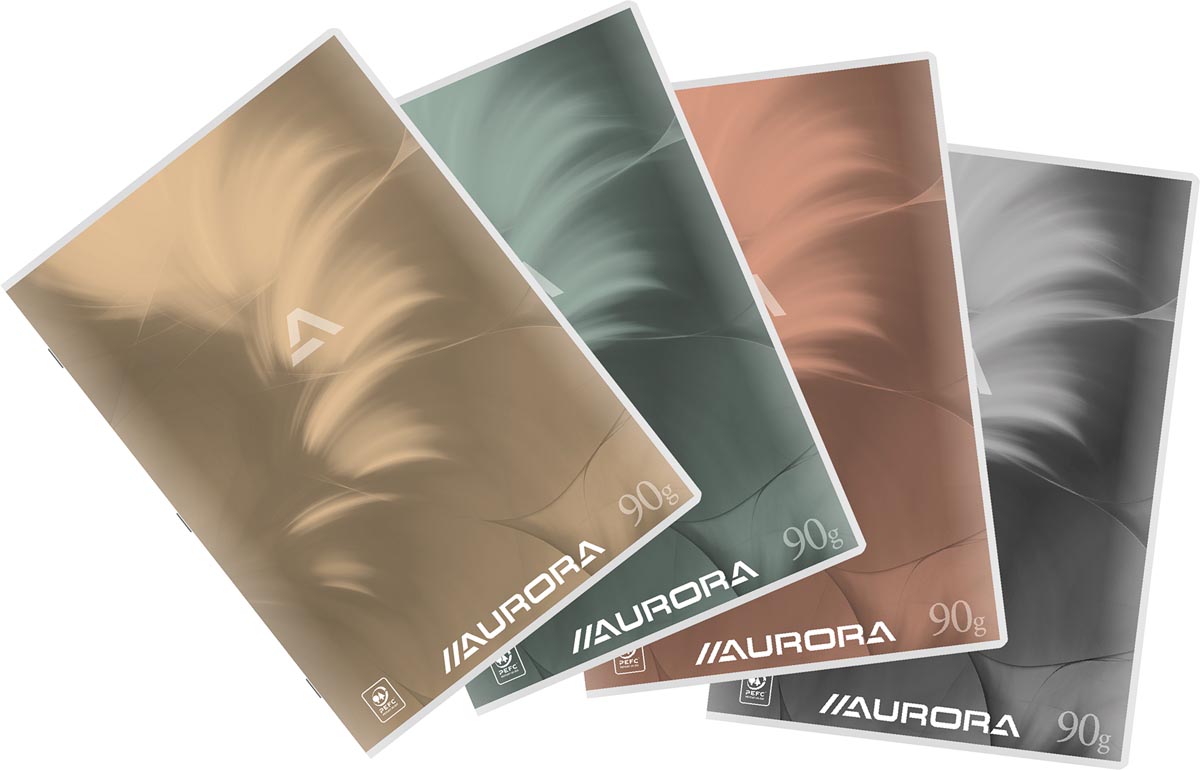 Aurora -  verslagschrift Writing 90 , geniet, commercieel geruit + blauwe marge, 72 blz, ft 21 x 29,7 cm