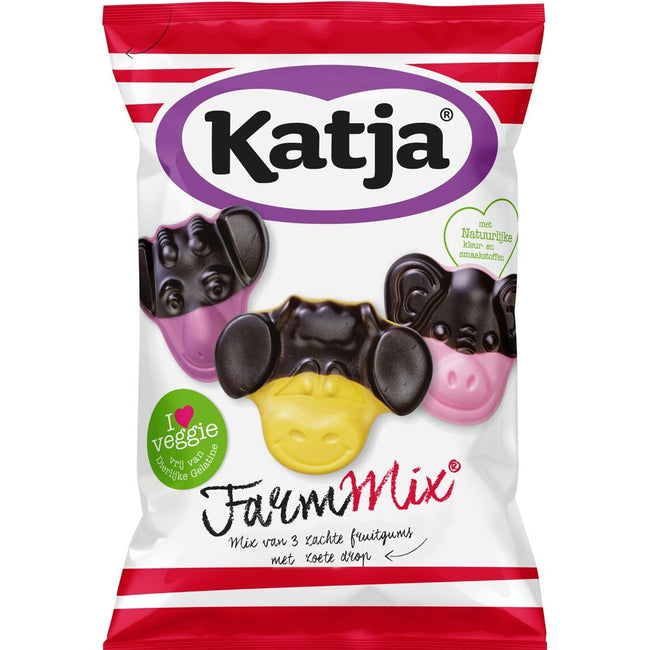 Katja -   Farm Mix snoep, mix van 3 zachte fruitgums met zoete drop, zak van 255 g