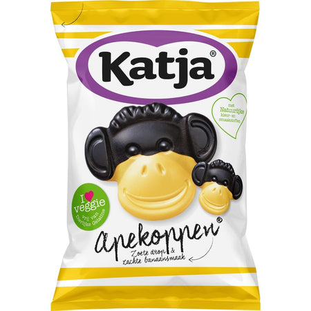 Katja -   Apekoppen snoep, zoete drop en banaansmaak, zak van 255 g