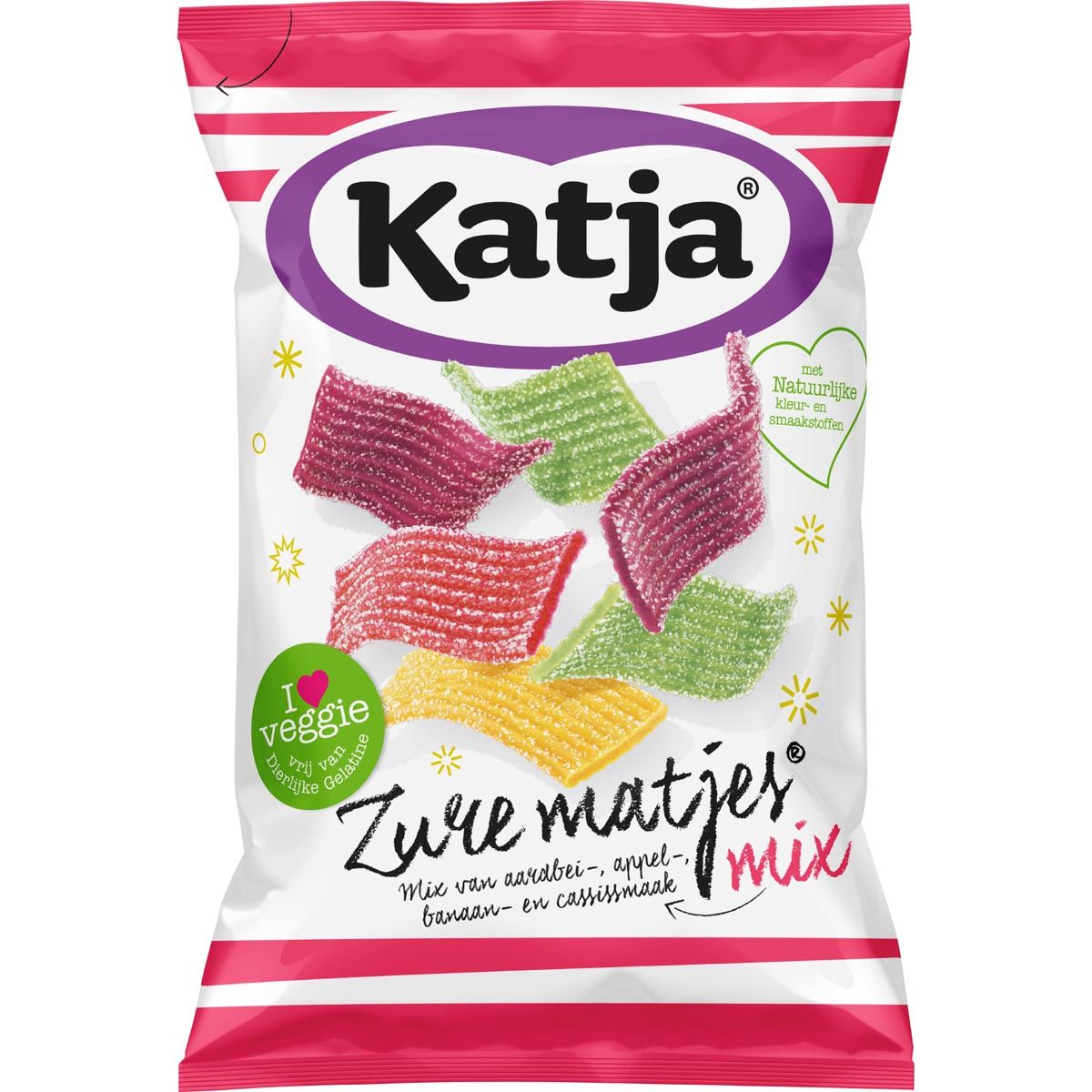 Katja - Katja Zure Matjes snoep, mix van aardbei-, appel-, banaan- en cassissmaak, zak van 250 g