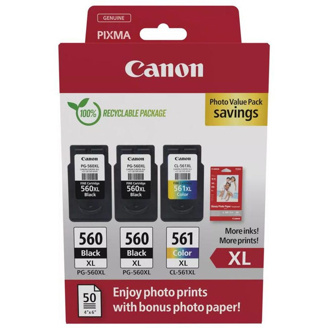 Canon - Paquete económico de fotografías 2 x PG-560XL + 1 x CL-561XL, 300400 páginas, OEM 3712C012, 4 colores