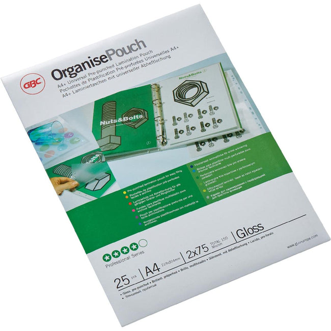 GBC - Busta di plastificazione Organize ft A4, 150 micron (2 x 75 micron), perforata, confezione da 25