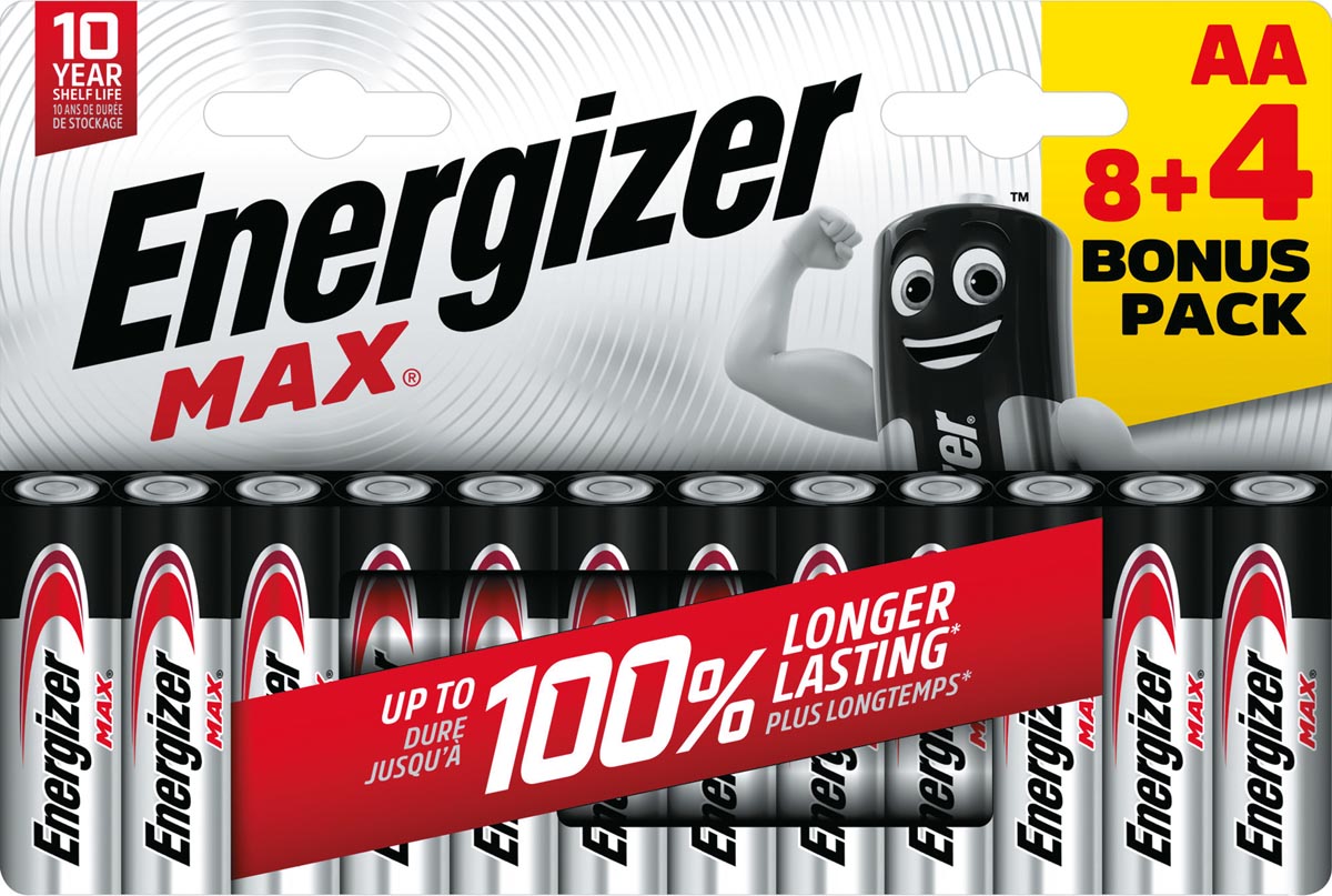 Energizer -  batterijen Max AA, blister van 8 stuks + 4 stuks gratis