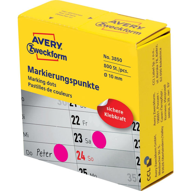 Avery Zweckform - marking dots, diameter 10 mm, rol met 800 stuks, roze