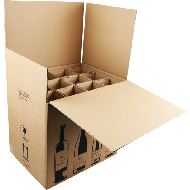SendProof® - Scatola per spedizione vino | cartone ondulato | 12 bottiglie | 420x305x368mm | marrone/nero | 5 pezzi