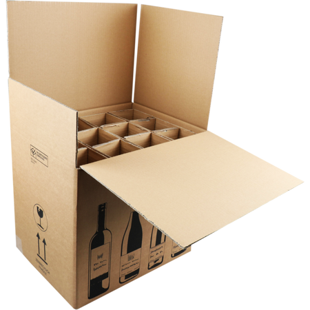 SendProof® - Scatola per spedizione vino | cartone ondulato | 12 bottiglie | 420x305x368mm | marrone/nero | 5 pezzi