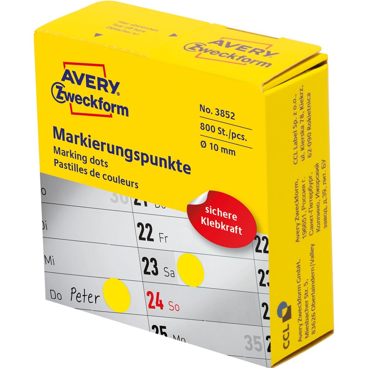 Avery Zweckform -  marking dots, diameter 10 mm, rol met 800 stuks, geel