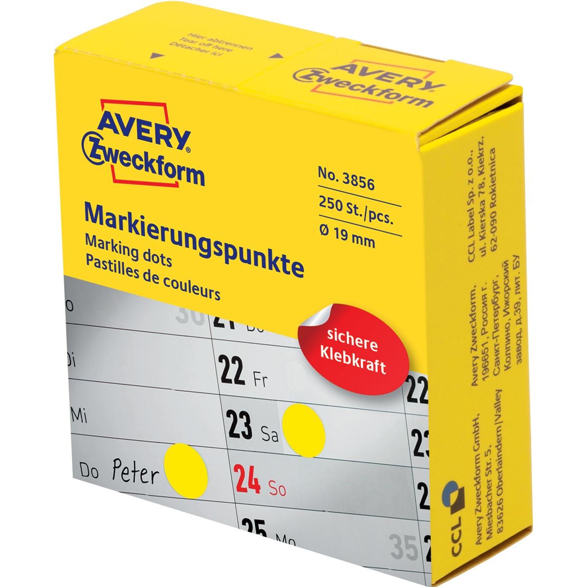 Avery Zweckform -  marking dots, diameter 19 mm, rol met 250 stuks, geel