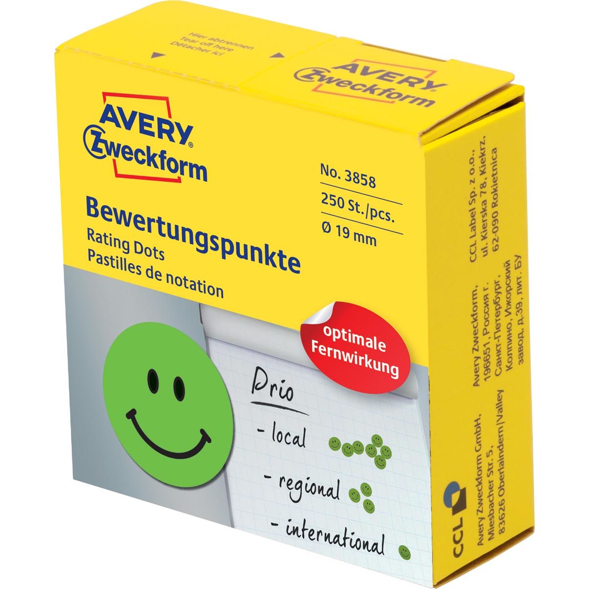 Avery Zweckform - Bewertung Punkte, Durchmesser 19 mm, rollen mit 250 Teilen, Smiley, Grün