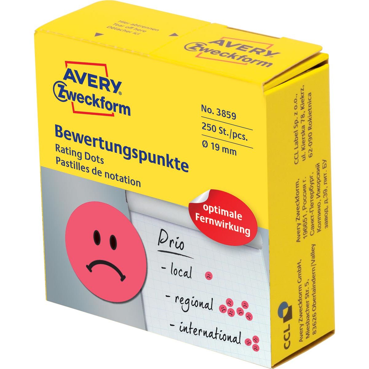 Avery Zweckform - rating dots, diameter 19 mm, roll with 250 pieces, smiley, red