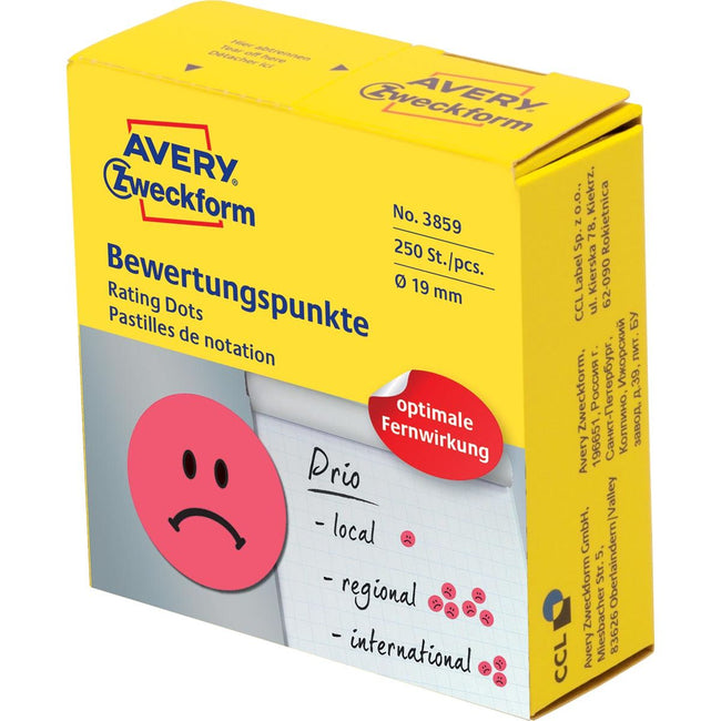 Avery Zweckform - rating dots, diameter 19 mm, rol met 250 stuks, smiley, rood