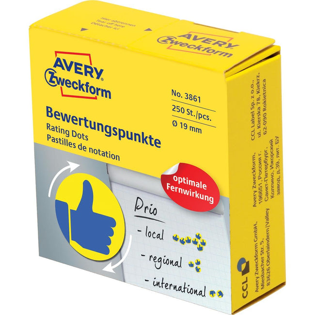 Avery Zweckform - rating dots, diameter 19 mm, rol met 250 stuks, blauw/geel, duim