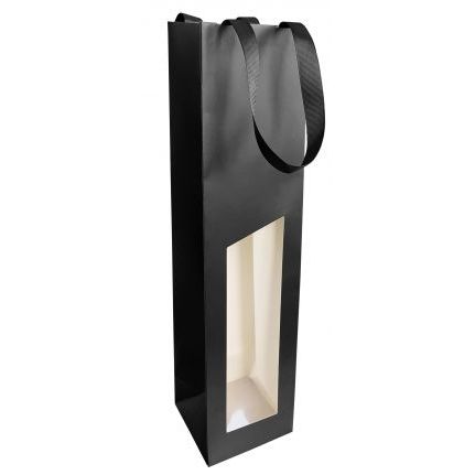 Wijnfleszak 1 fles 9.5x9.5X38.5cm Seduction zwart gecoat met venster..