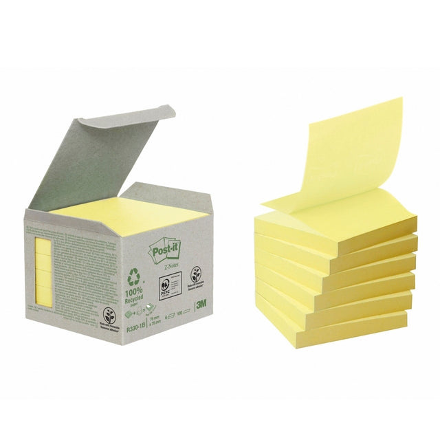 Post-it - Memoblok Z-Note R330-1B recycled 76x76mm canary yellow 6 stuks