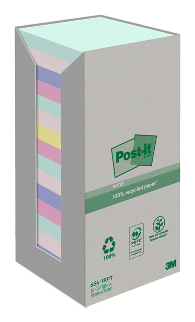 Post-it -  Memoblok 654-RTP 76x76mm recycled rainbow pastel 16 stuks