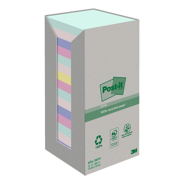 Post-it - Blocco note 654-RTP 76x76mm pastello arcobaleno riciclato 16 pezzi