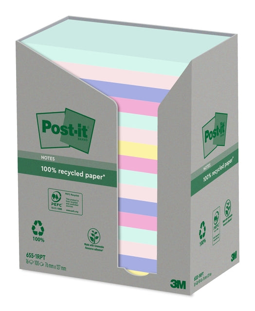 Post-it - Blocco note 655-RPT 76x127mm pastello arcobaleno riciclato 16 pezzi