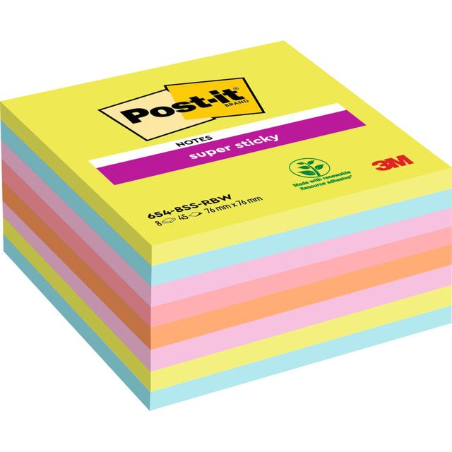 Post-it - Memoblok 654 Super Sticky 76x76mm rainbow 360 vel