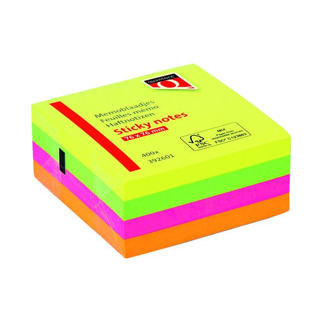 Quantore - Memoblok 76x76mm neon kleuren assorti 4 kleuren | 60 stuks