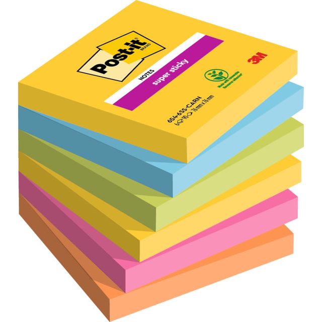 Post-it - Super Sticky notes Carnival, 90 vel, ft 76 x 76 mm, pak van 6 blokken