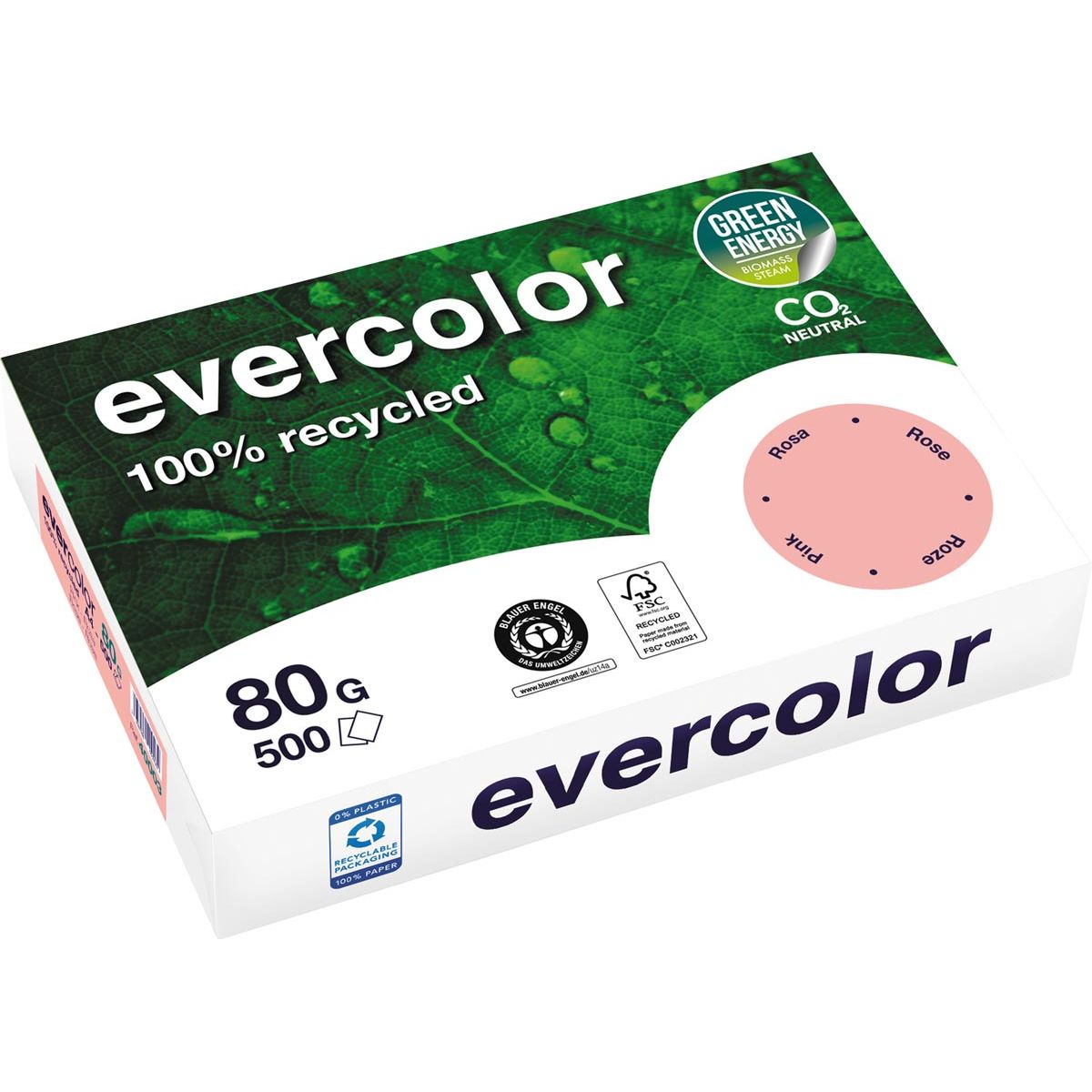 Clairefontaine - Evercolor, farbiges Recyclingpapier, A4, 80 g, 500 Blatt, rosa