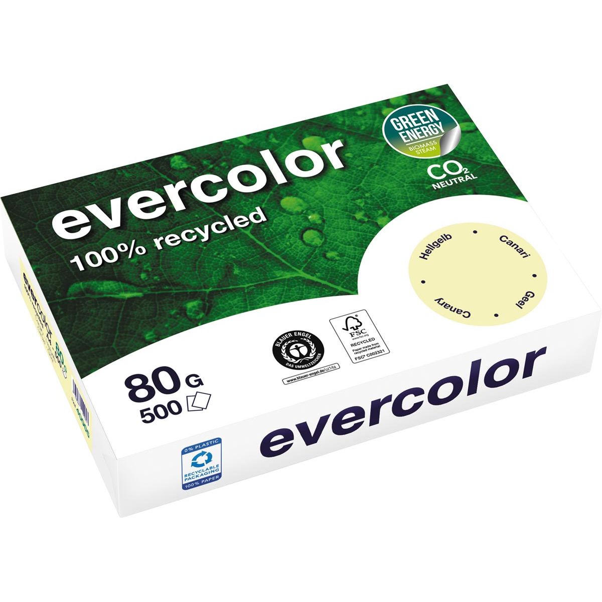 Clairefontaine - Evercolor, farbiges Recyclingpapier, A4, 80 g, 500 Blatt, gelb