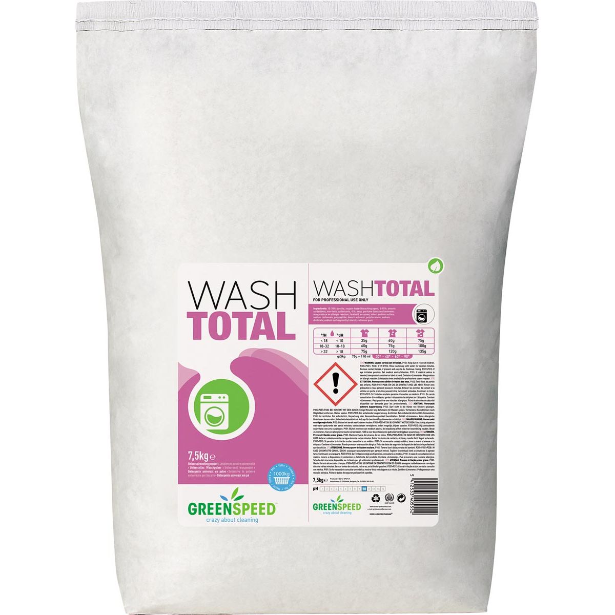 Greenspeed - Wash Total Waschpulver, 214 Wäschen, 7,5 kg Beutel