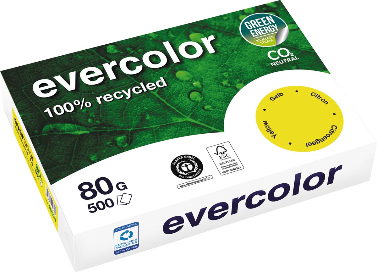 Clairefontaine -  Evercolor, gekleurd gerecycleerd papier, A4, 80 g, 500 vel, citroengeel