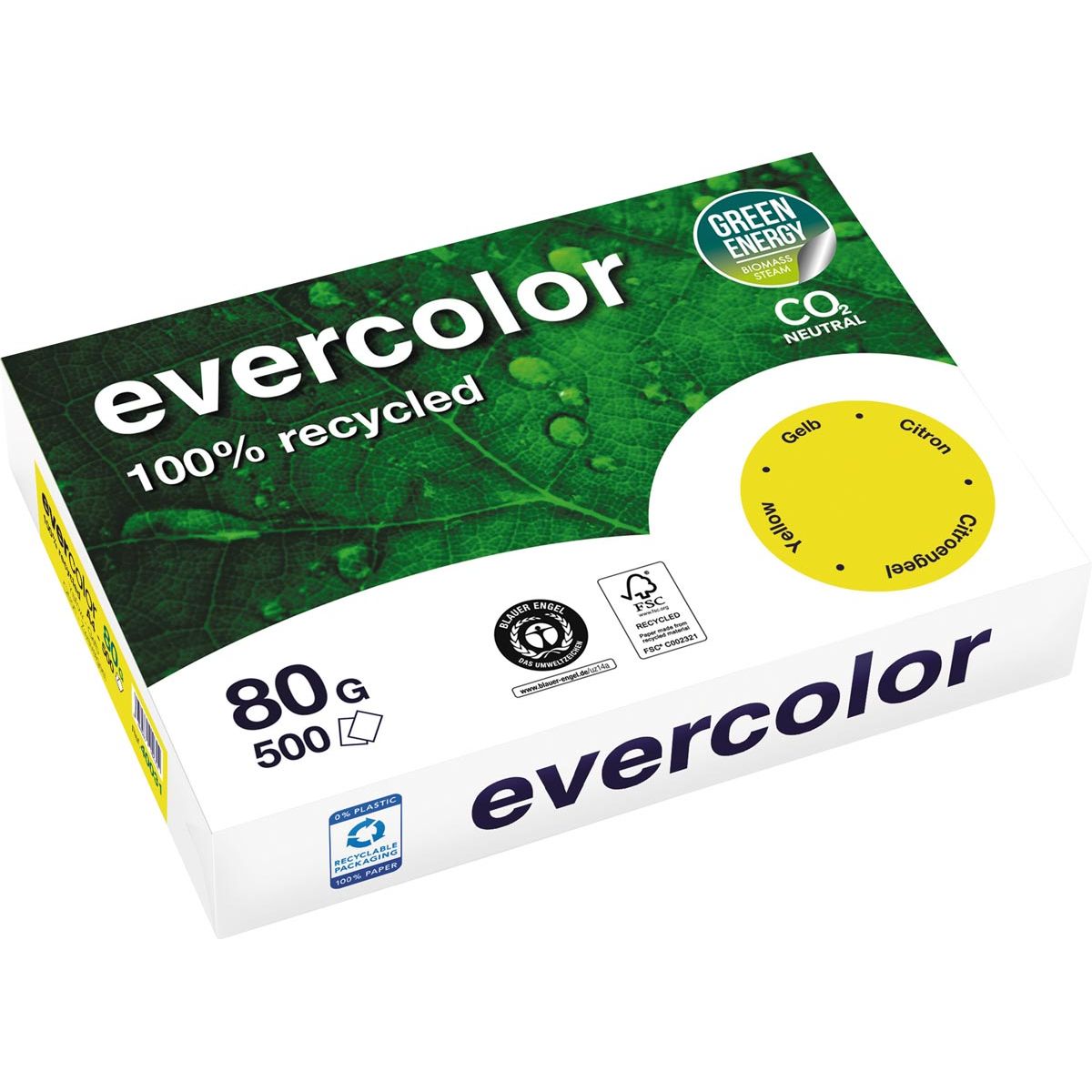 Clairefontaine -  Evercolor, gekleurd gerecycleerd papier, A4, 80 g, 500 vel, citroengeel