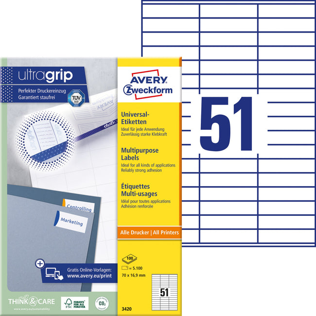 Avery Zweckform -  Etiket avery 3420 70x16.9mm wit 5100st
