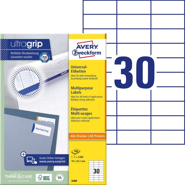 Avery Zweckform -  Etiket avery 3489 70x29.7mm wit 3000st