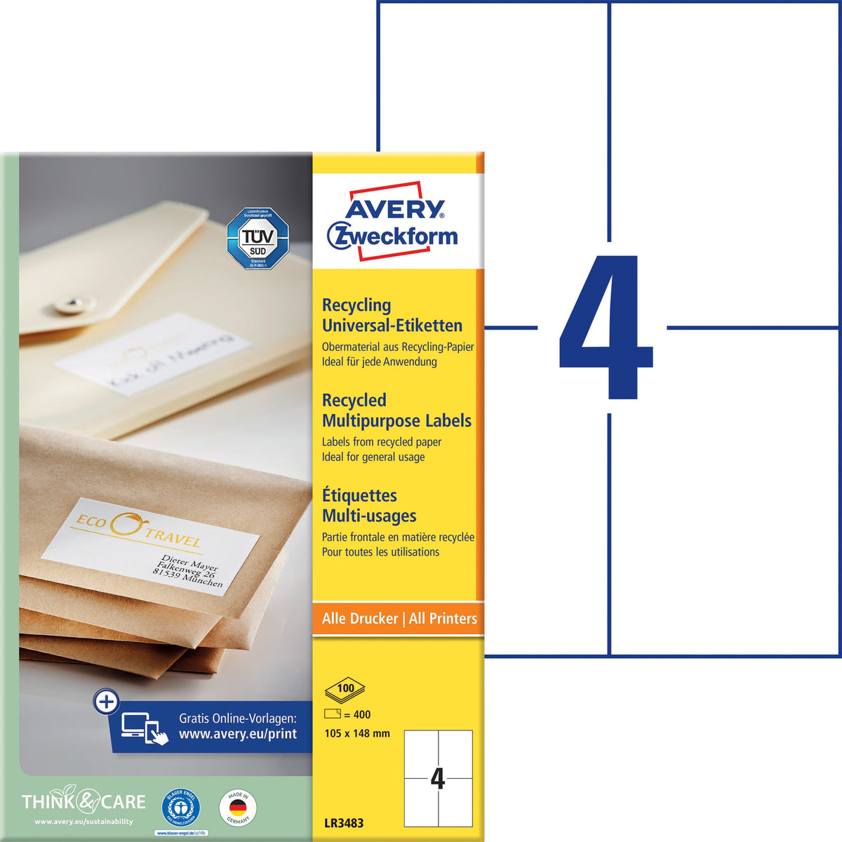 Avery Zweckform -  Etiket avery lr3483 105x148mm wit 400st | 5 stuks