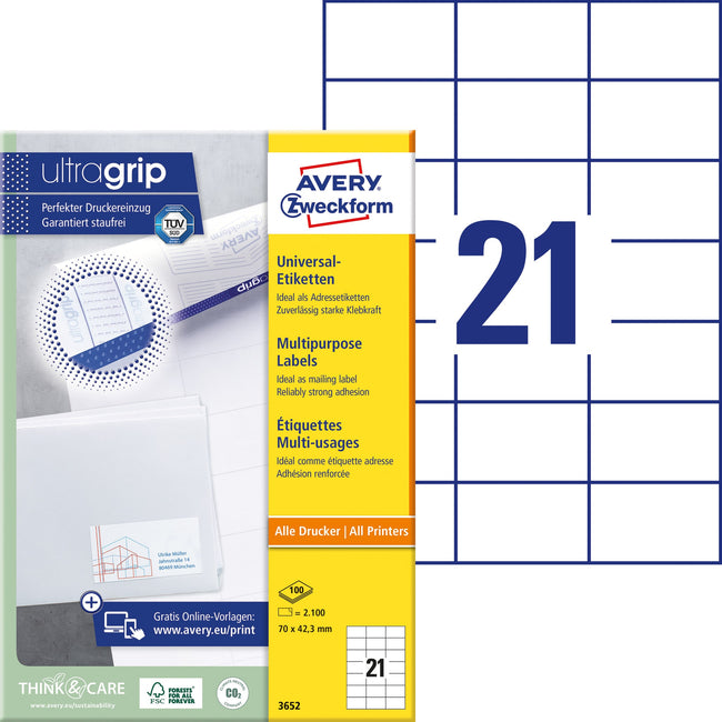 Avery Zweckform -  Etiket avery 3652 70x42.3mm wit 2100st