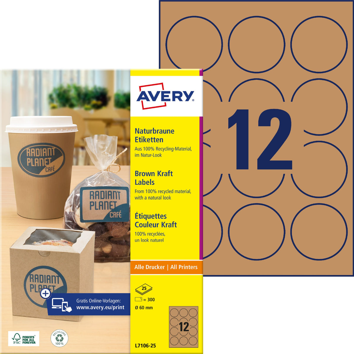 Avery Zweckform -  Etiket avery l7106-25 60mm kraft 300st