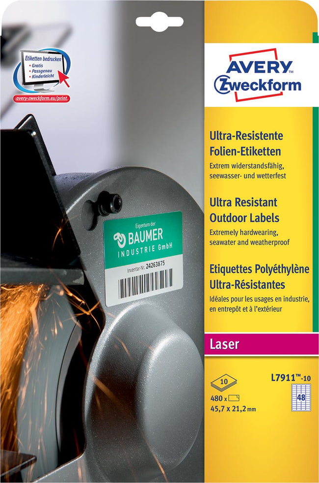Avery -  L7911-10 weerbestendige etiketten ft 45,7 x 21,2 mm (b x h), 480 etiketten, wit