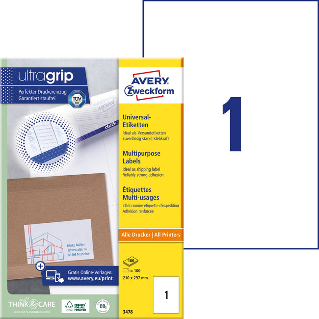 Avery Zweckform -  Etiket avery 3478 210x297mm a4 wit 100st | 5 stuks