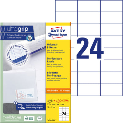 Avery Zweckform -  Etiket avery 3474-200 70x37mm wit 4800st