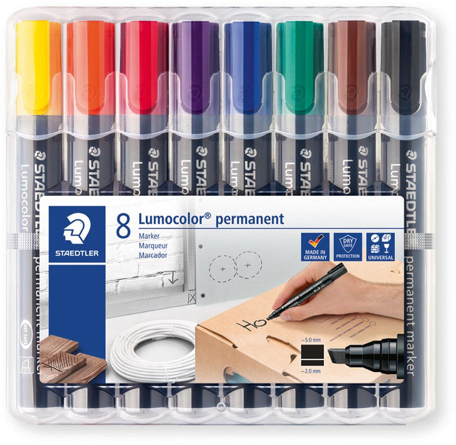 Staedtler -  Lumocolor 350, permanent marker, schuine punt, 2 5 mm, etui van 8 stuks in geassorteerde kleu
