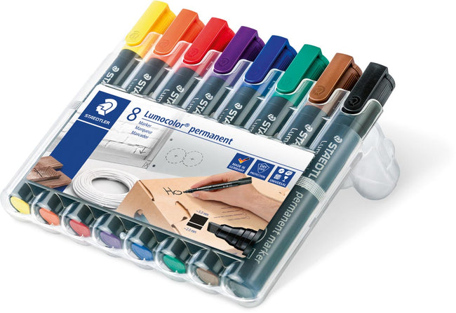 Staedtler -  Lumocolor 350, permanent marker, schuine punt, 2 5 mm, etui van 8 stuks in geassorteerde kleu (afbeelding 2)