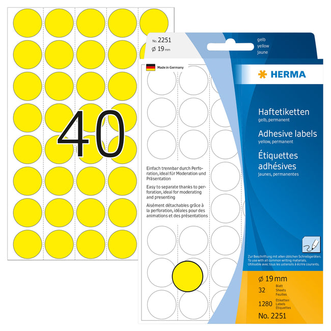 HERMA -  Etiket  2251 rond 19mm geel 1280st