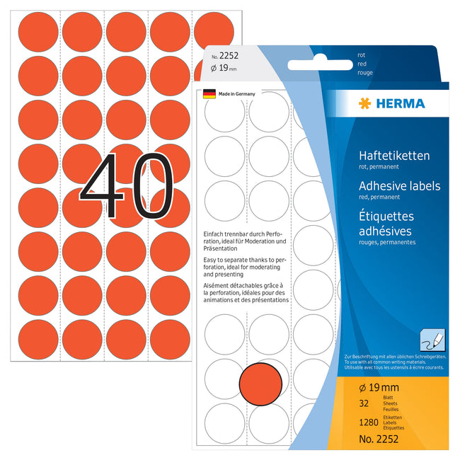 HERMA -  Etiket  2252 rond 19mm rood 1280st