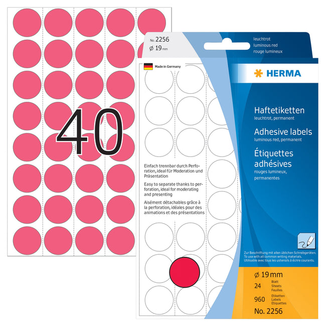 HERMA -  Etiket  2256 rond 19mm fluor rood 960st