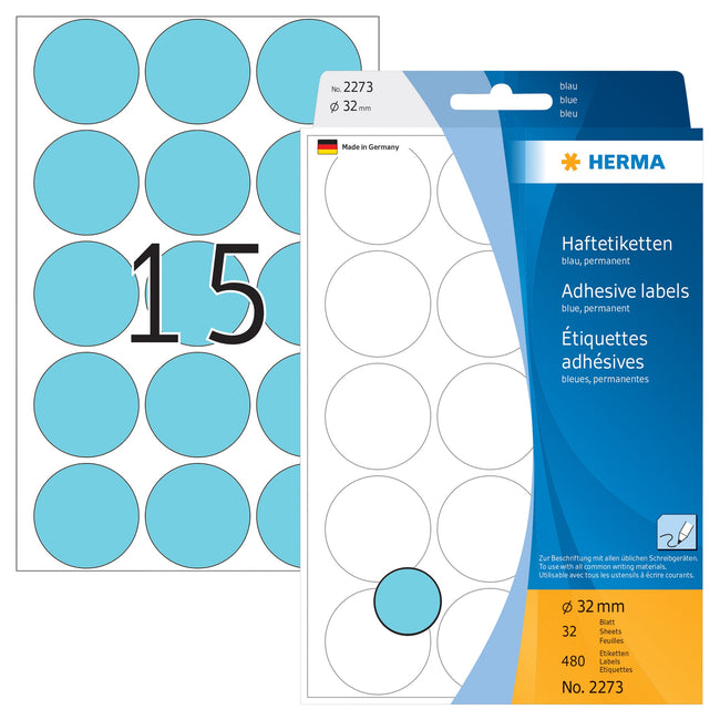 HERMA -  Etiket  2273 rond 32mm blauw 480st