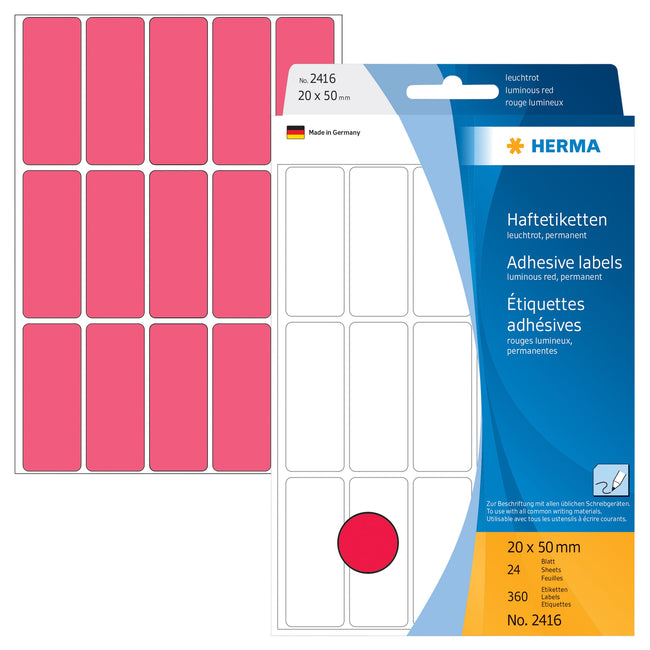HERMA -  Etiket  2416 20x50mm fluor rood 360st