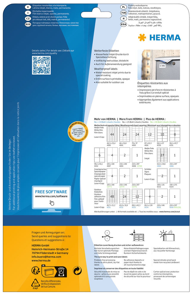 HERMA -  Etiket  4866 210x297mm a4 folie 10st wit