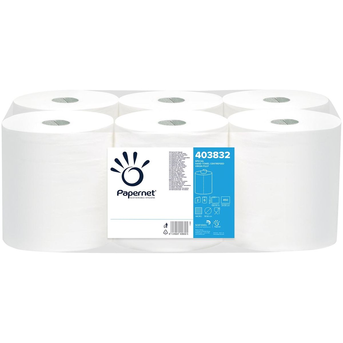 Papernet - Papernet Paper Towels Maxi CenterFeed, 2), 108 m, 450 feuilles, paquet de 6 rouleaux