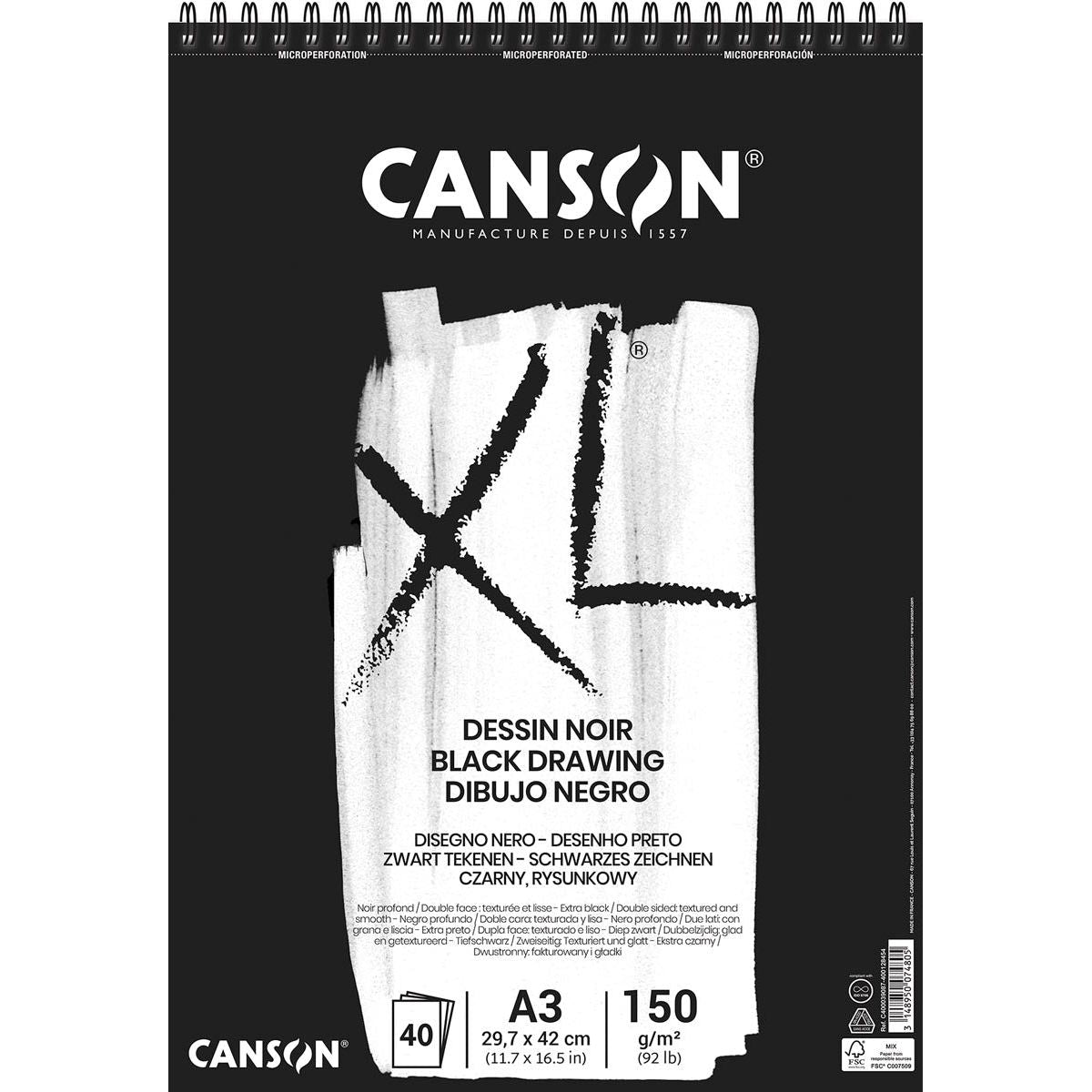 Canson - tekenblok XL 150g/m² ft A3, 40 vel, zwart